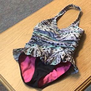 Wonder nation one piece bathing suit, extra S 4/5 purple blue black skirt